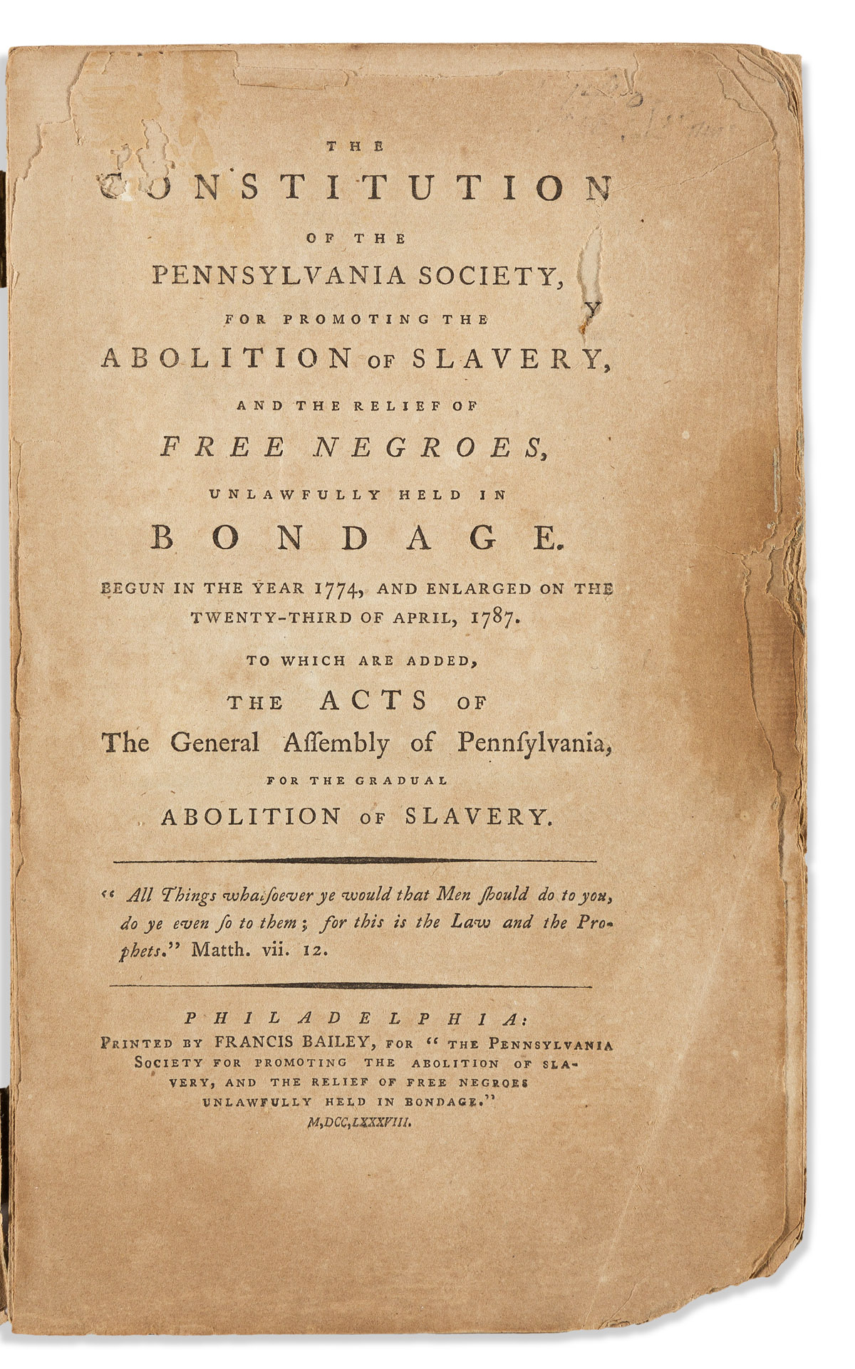(SLAVERY & ABOLITION.) The Constitution of the Pennsylvania Society for Promoting the Abolition of Slavery.